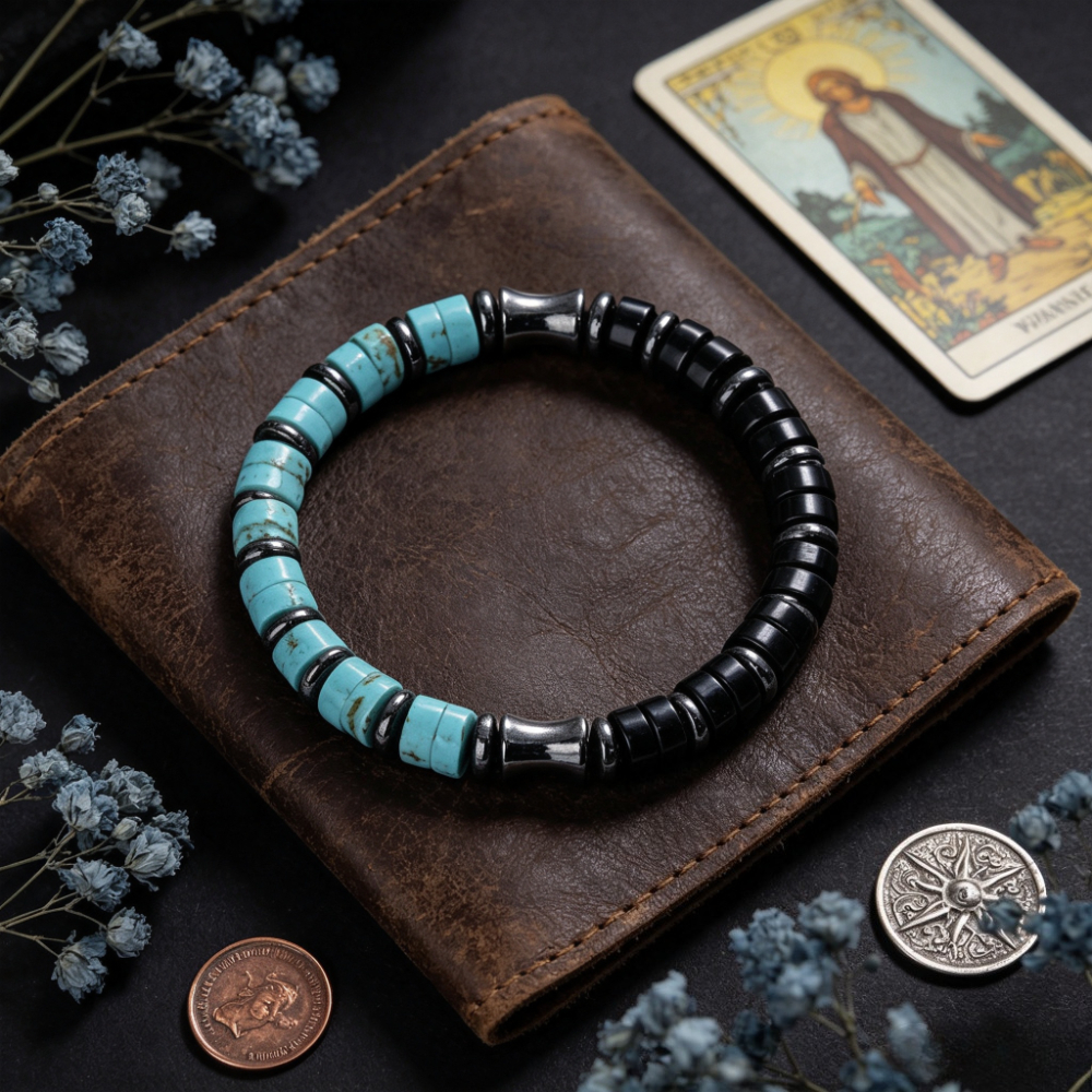 Natural Stone Stretch Beaded Bracelet with Turquoise and Onyx